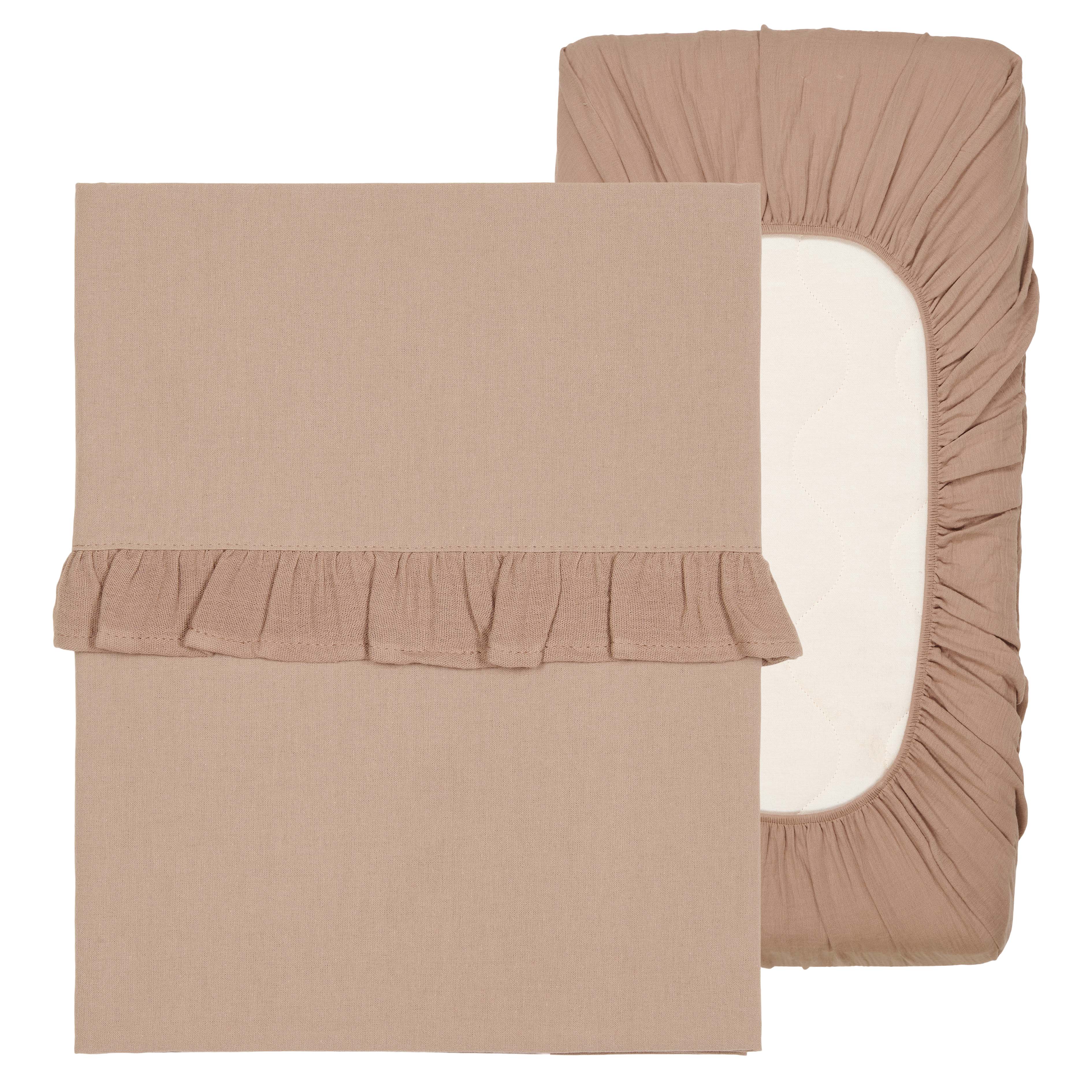Bassinet sheet and fitted sheet ruffle combi pack caffe