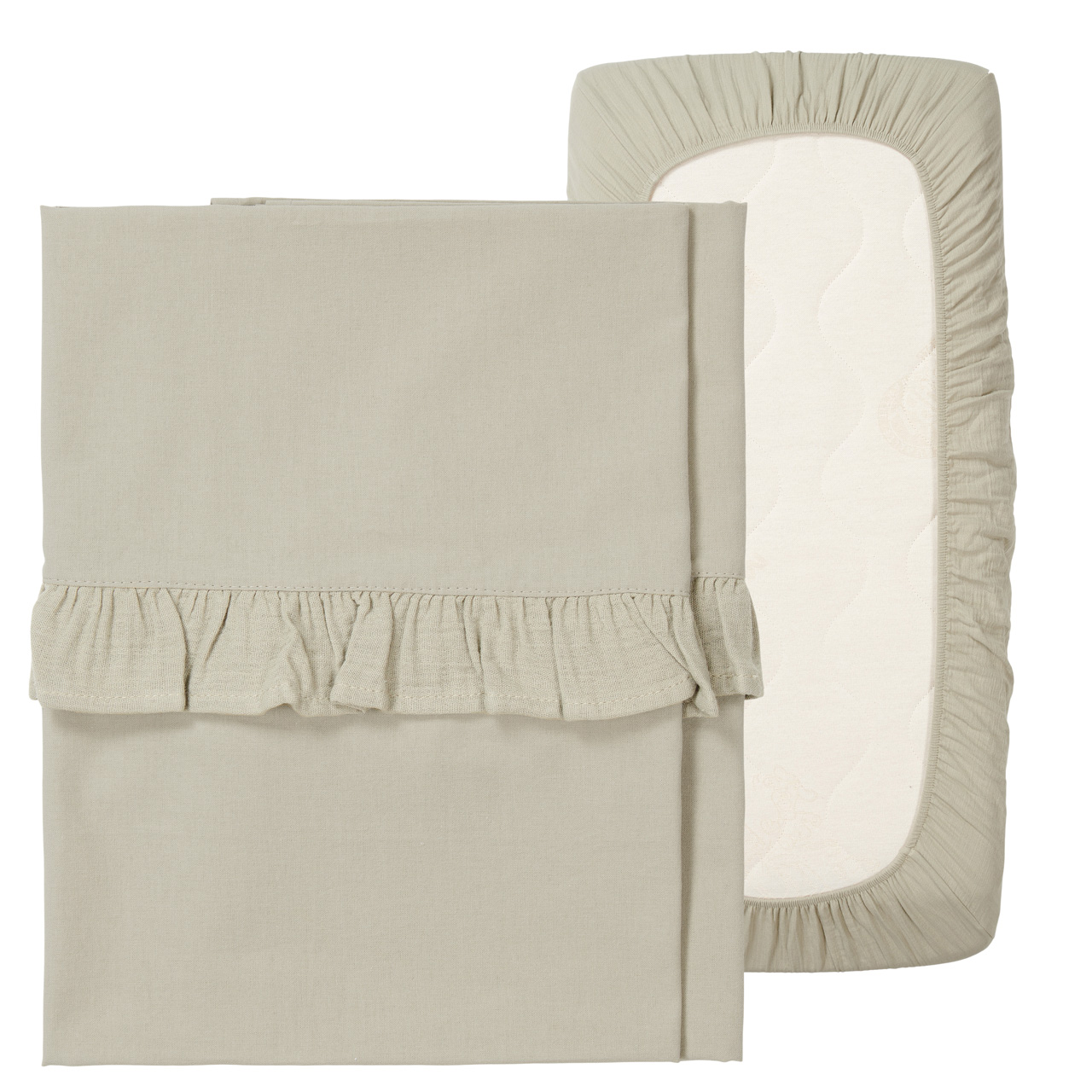 Cot sheet and fitted sheet ruffle combi pack Faro sage